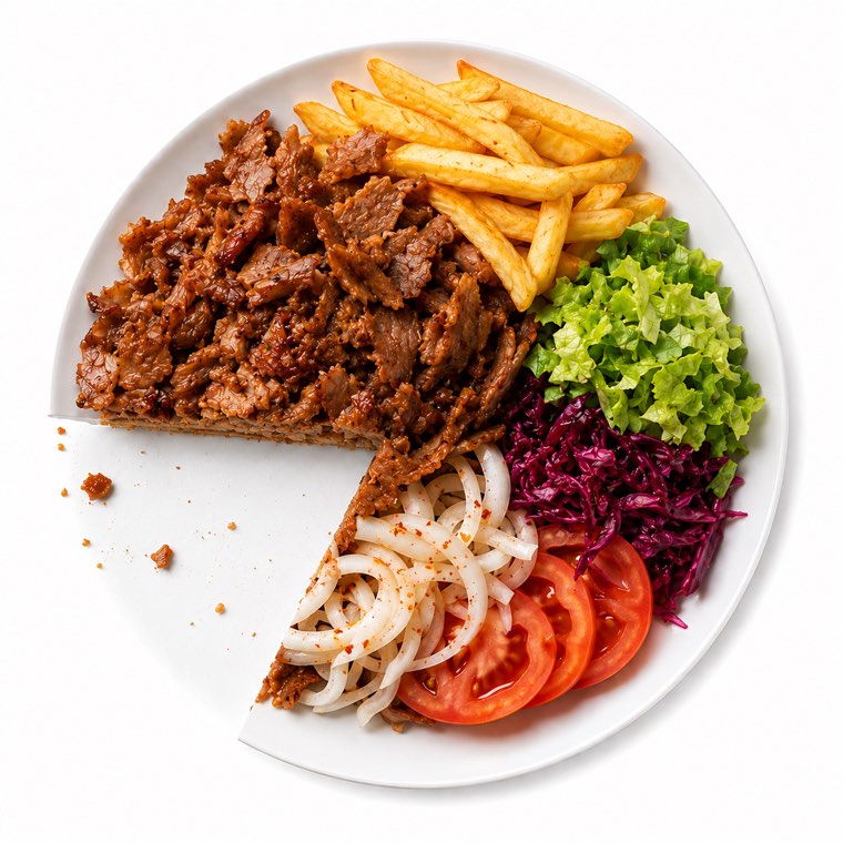 Une assiette kebab dont une part triangulaire a été prélevée, avec des miettes tombées à côté.