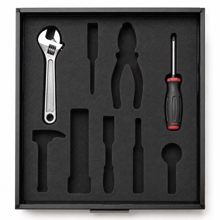 Un tiroir à outils dont huit emplacements sur dix sont vides.